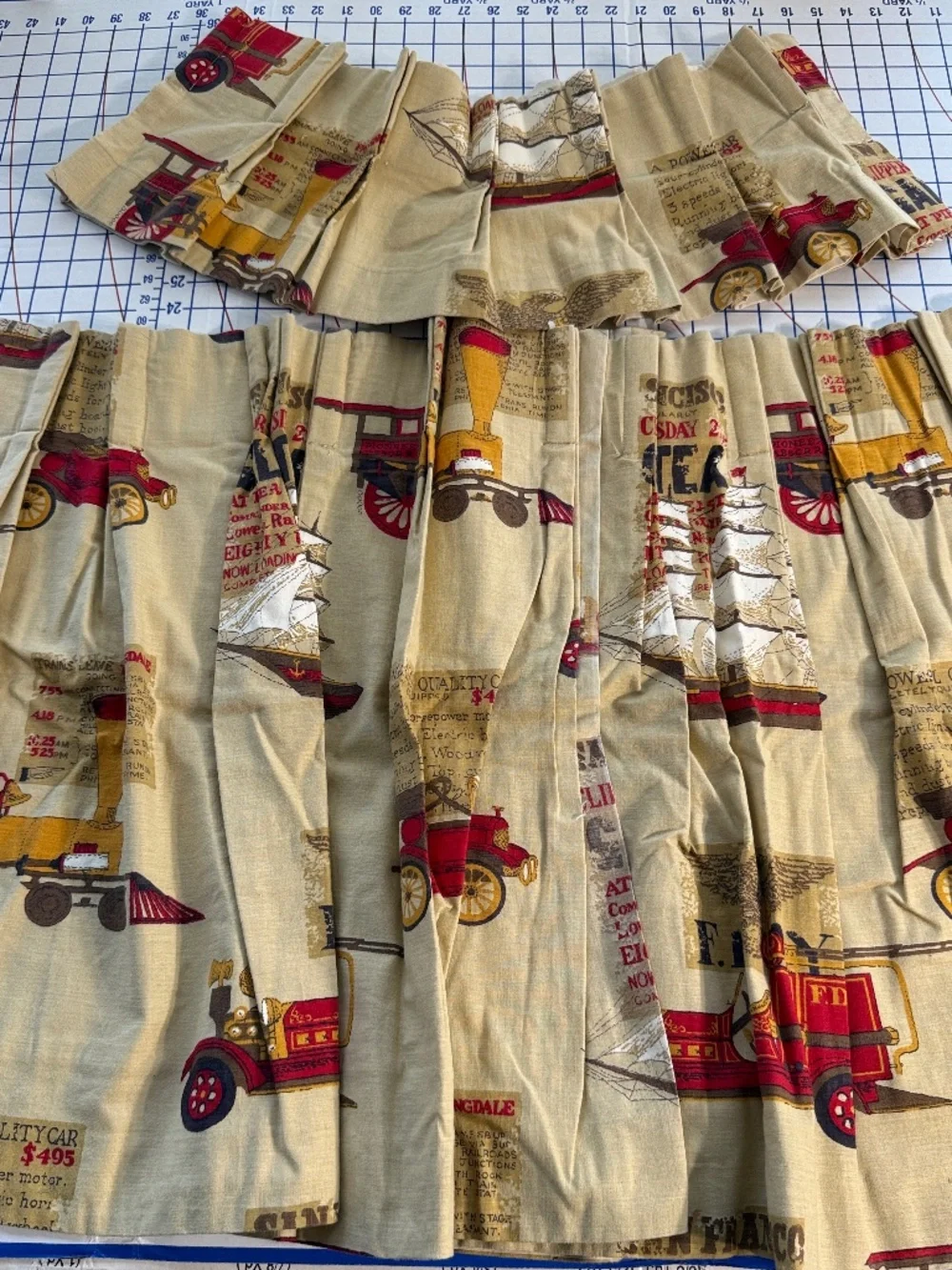 Vintage Mid Century Novelty Kitchen Curtain Set Cars Trains Ships Fire Engines
